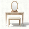 Wooden vanity set with oval mirror and padded stool in natural finish 80 x 40 x 75cm