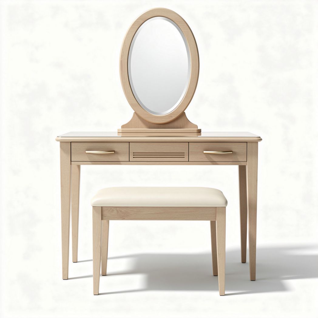 Wooden vanity set with oval mirror and padded stool in natural finish 80 x 40 x 75cm