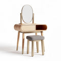 Oak vanity set with round mirror and gray upholstered stool 80 x 50 x 140cm