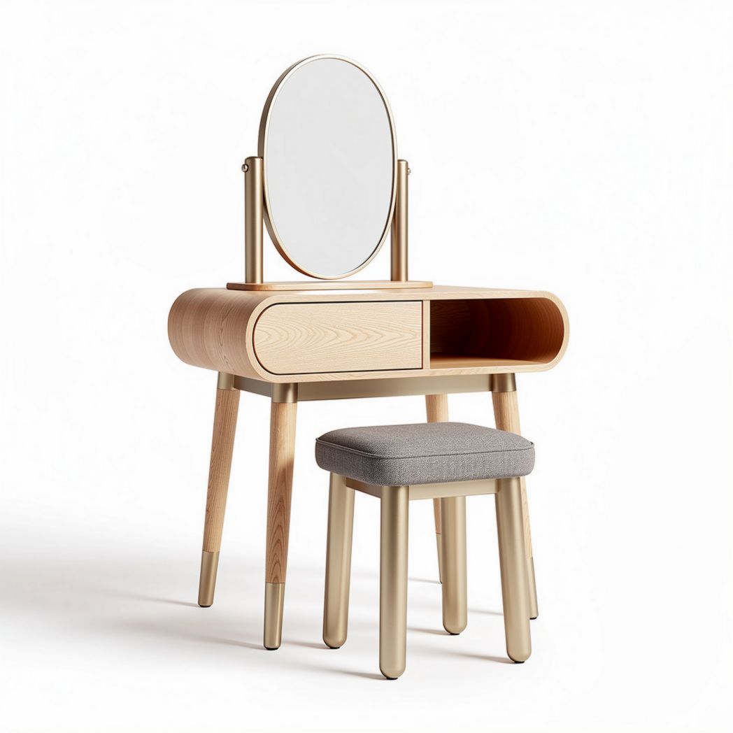 Oak vanity set with round mirror and gray upholstered stool 80 x 50 x 140cm
