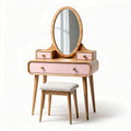 Wooden vanity table set with pink accents and oval mirror 80 x 40 x 140cm