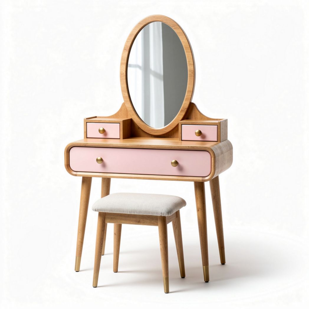 Wooden vanity table set with pink accents and oval mirror 80 x 40 x 140cm