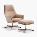 Swivel lounge chair with ottoman in beige fabric and stainless steel base