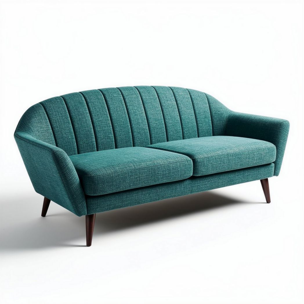 Mid-century modern two-seater sofa in teal fabric with wooden legs 180 x 80 x 85cm
