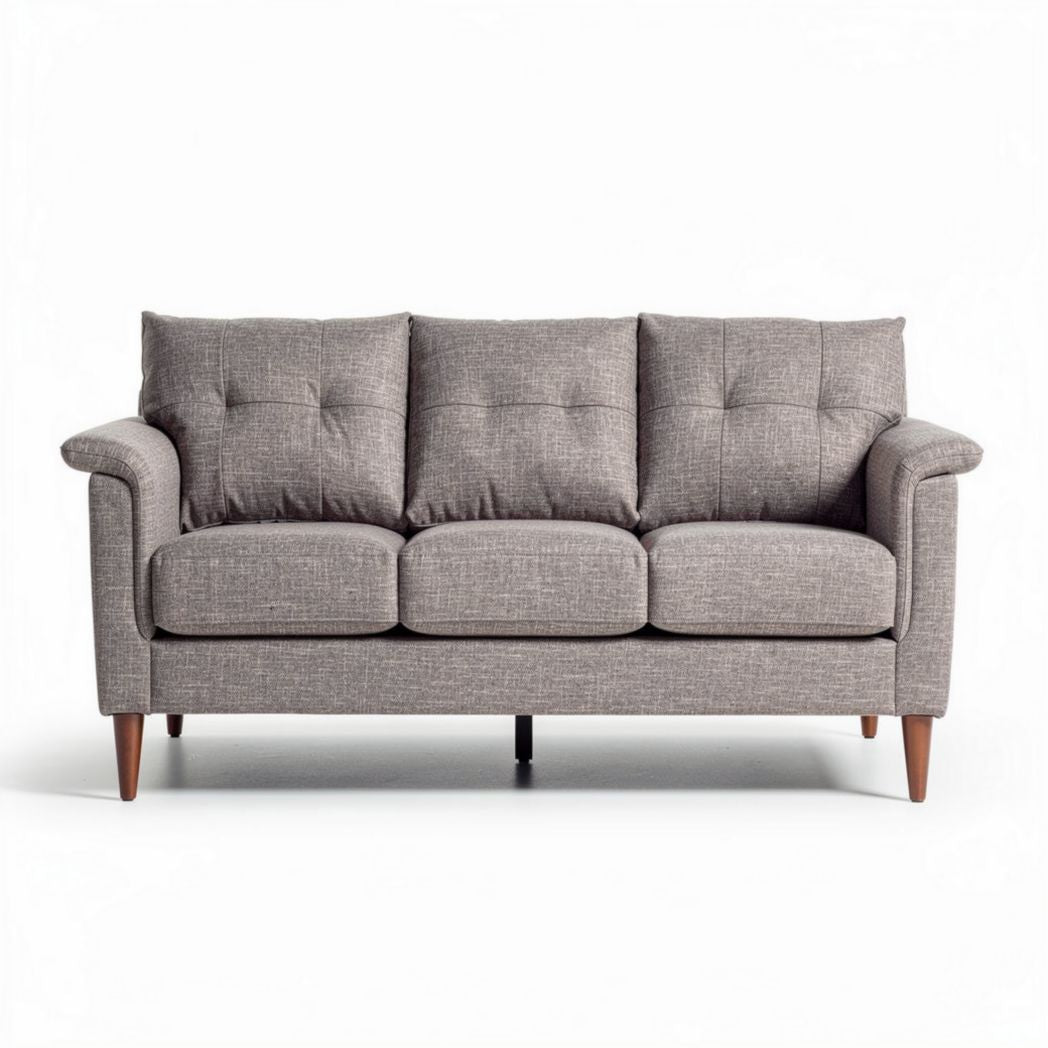 Three-seater sofa in gray fabric with tufted cushions and wooden legs