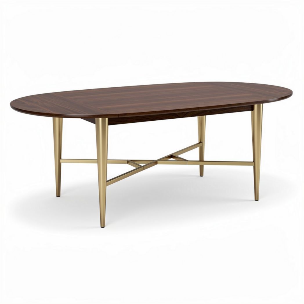 Oval dining table with walnut wood surface and gold metal legs 200 x 100 x 75cm