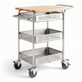 Metal utility cart with bamboo top and three perforated storage baskets 80 x 50 x 90cm