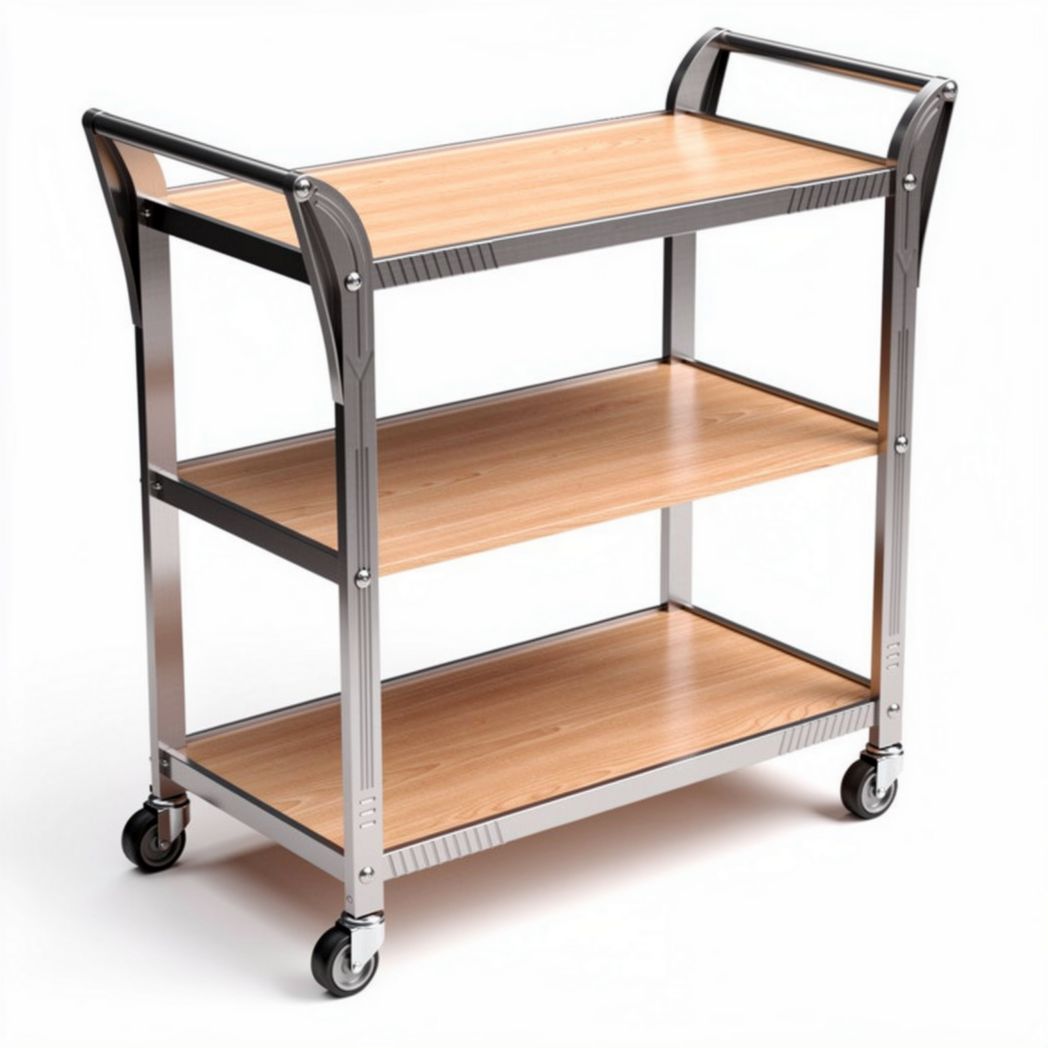 Metal and wood service cart on wheels with three shelves 80 x 45 x 90cm