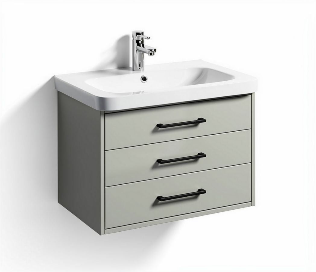 Wall-mounted bathroom vanity with three drawers in gray wood finish and ceramic sink 80 x 45 x 55cm