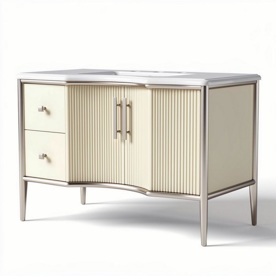 Bathroom vanity with integrated sink in cream finish and metal accents 90 x 45 x 75cm