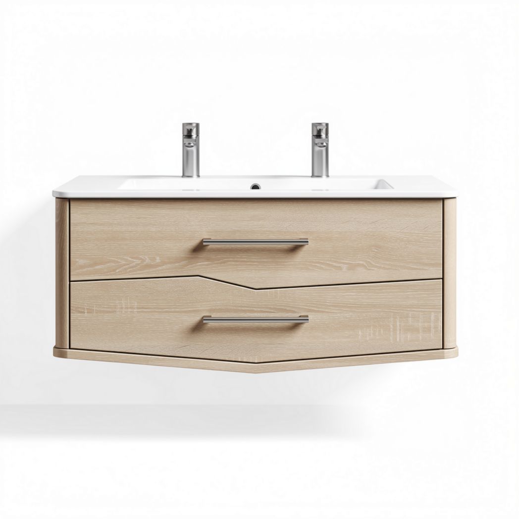 Wall-mounted bathroom vanity with two drawers in natural wood finish 80 x 45 x 20cm