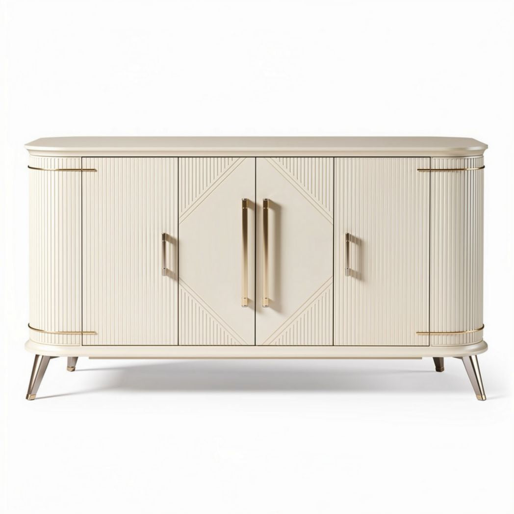 Cream colored storage cabinet with decorative panels and gold accents 150 x 40 x 75cm